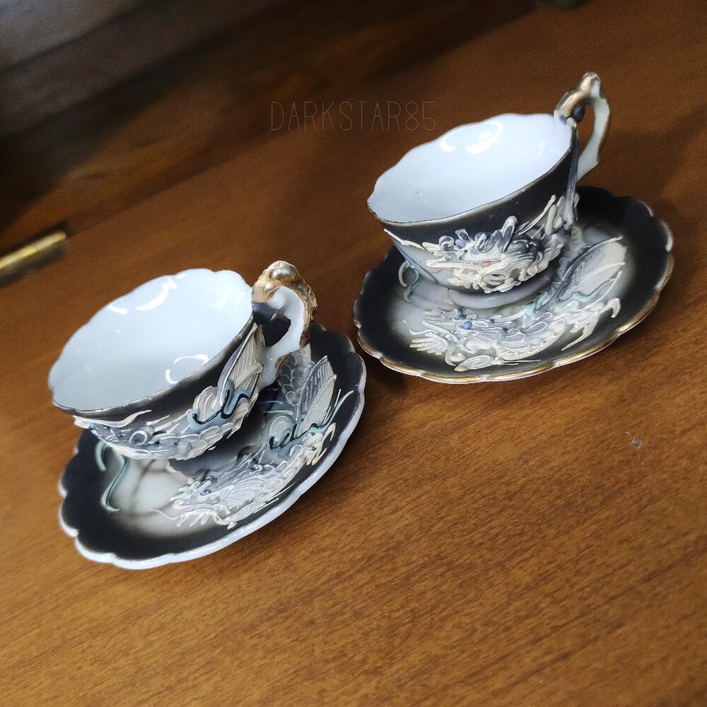 Vintage Made in Japan Moriage Black Dragonware Demitasse Teacups and Saucers